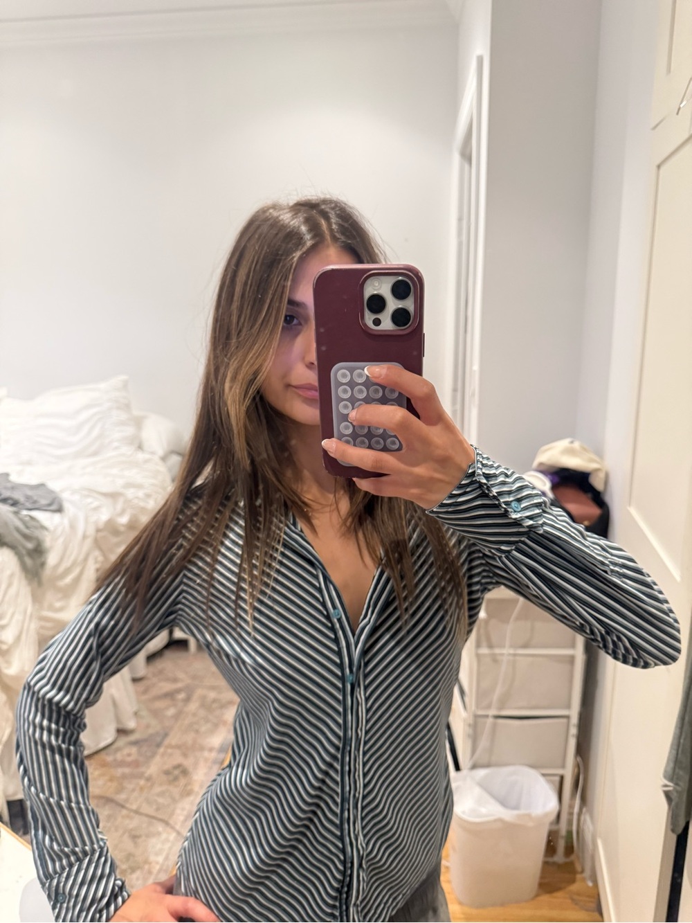Striped Button-Front Shirt - Teal & White